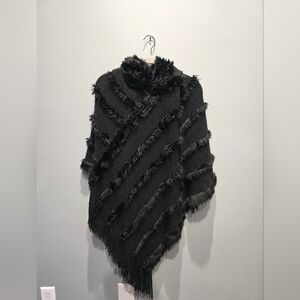 Black Hooded Furry Poncho One Size